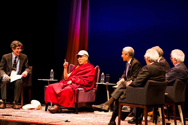 His Holiness the 14th Dalai Lama makes a point during the morning “Conversations on Global Health and Well-being” panel on Wednesday, May 15.