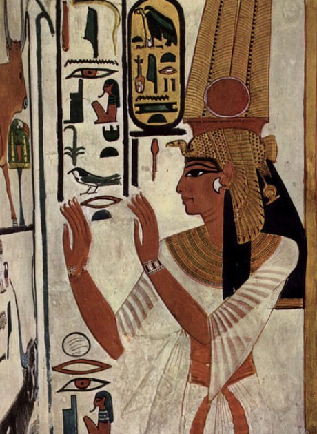 Egyptian Hieroglyphs of female with red solar disc